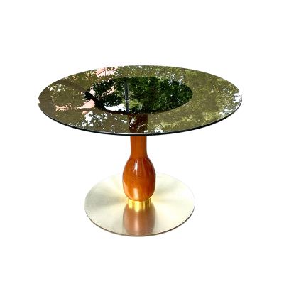 Postmodernistyczny okrągły stół, szkło, drewno i metal, lata 90